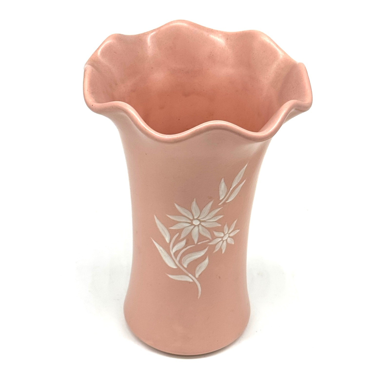 Vase - Vintage Abingdon Starflower #566 White on Pink Pottery Ruffle Rim 9\