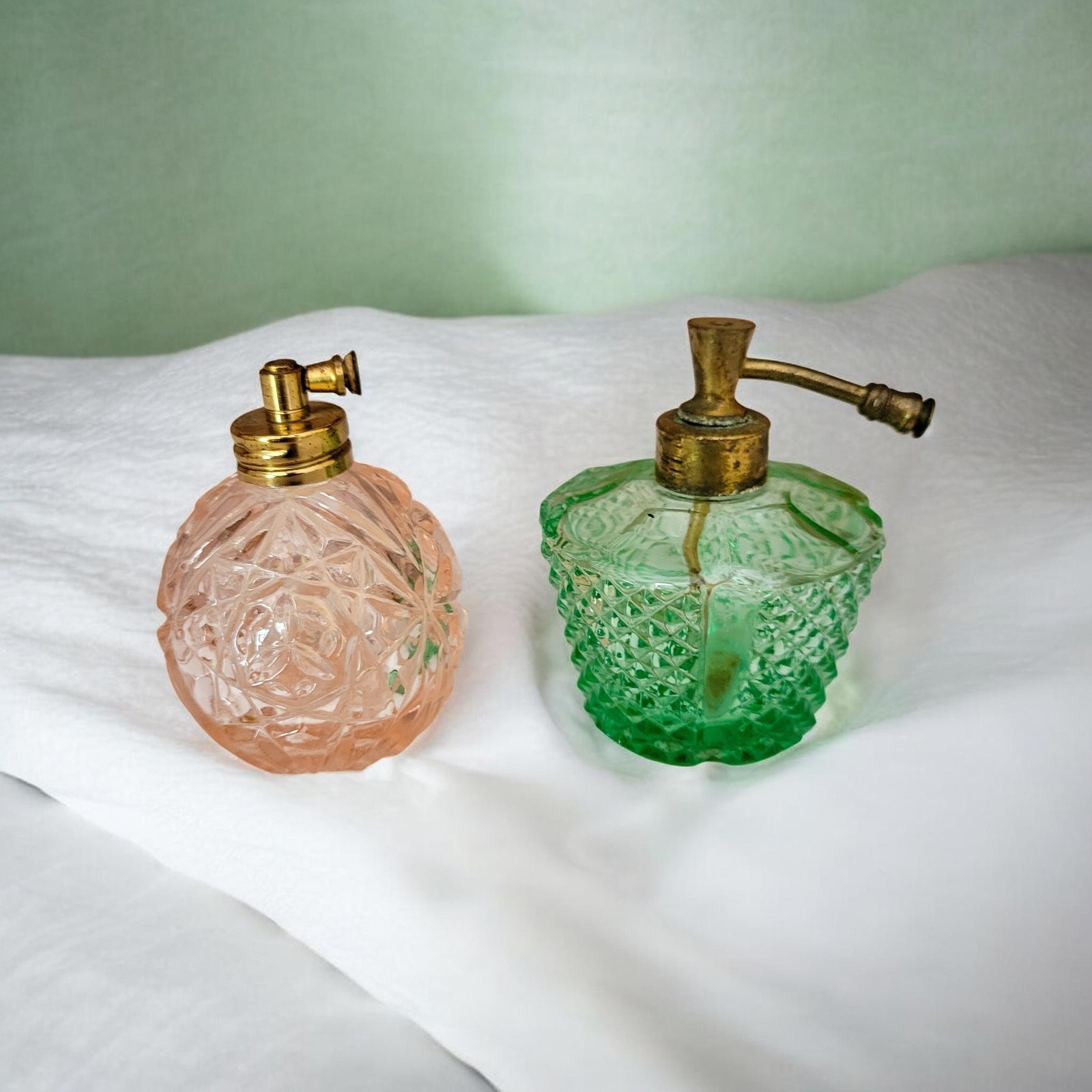 2 VTG Irice Perfume Atomizer Bottles Pink & Green Pressed Glass Vanity Set As Is 2 VTG Irice Perfume Atomizer Bottles Pink & Green Pressed Glass Vanity Set As Is