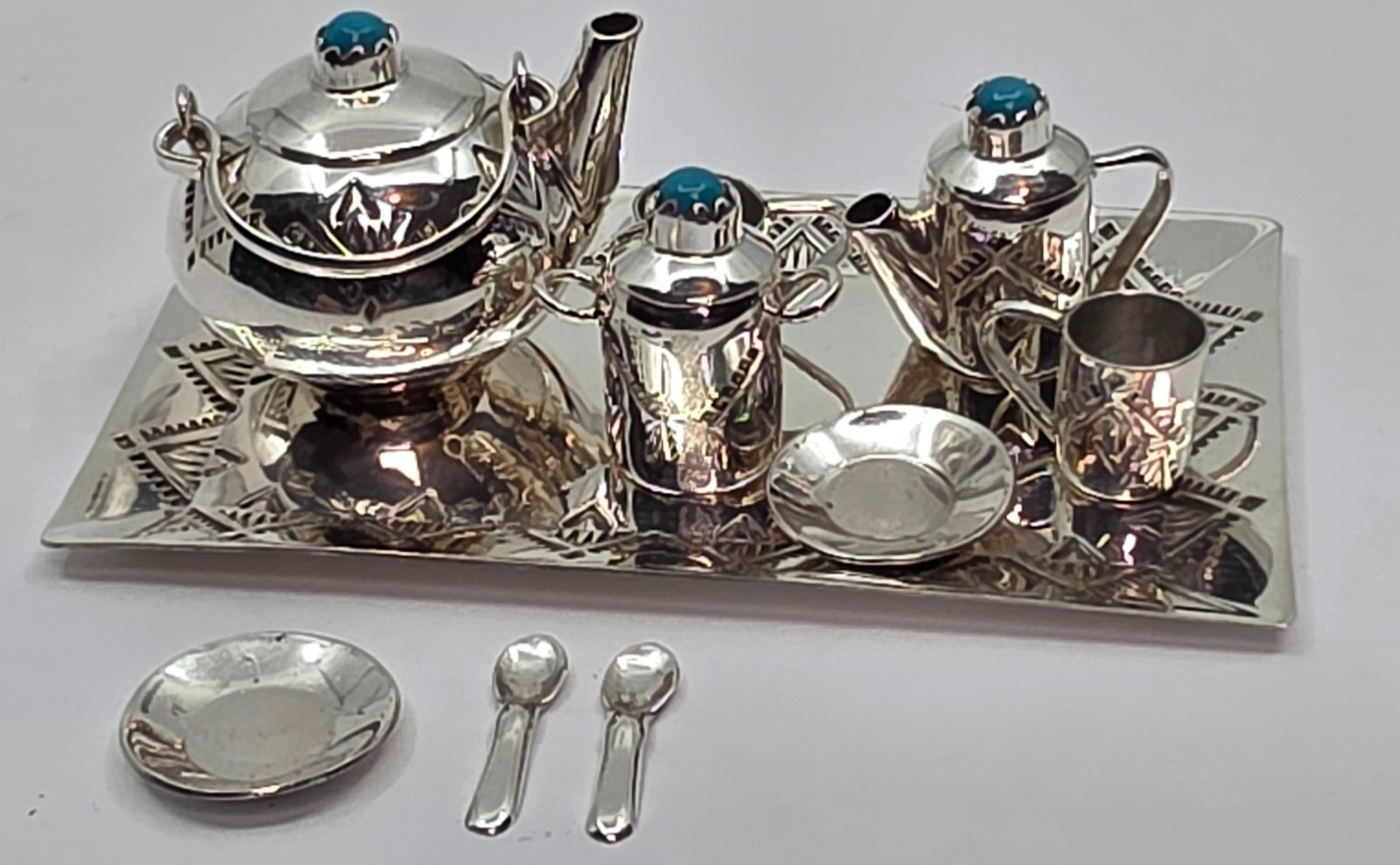 Ten Piece Miniature Sterling Tea Set Turquoise By Wesley Whitman - Navajo