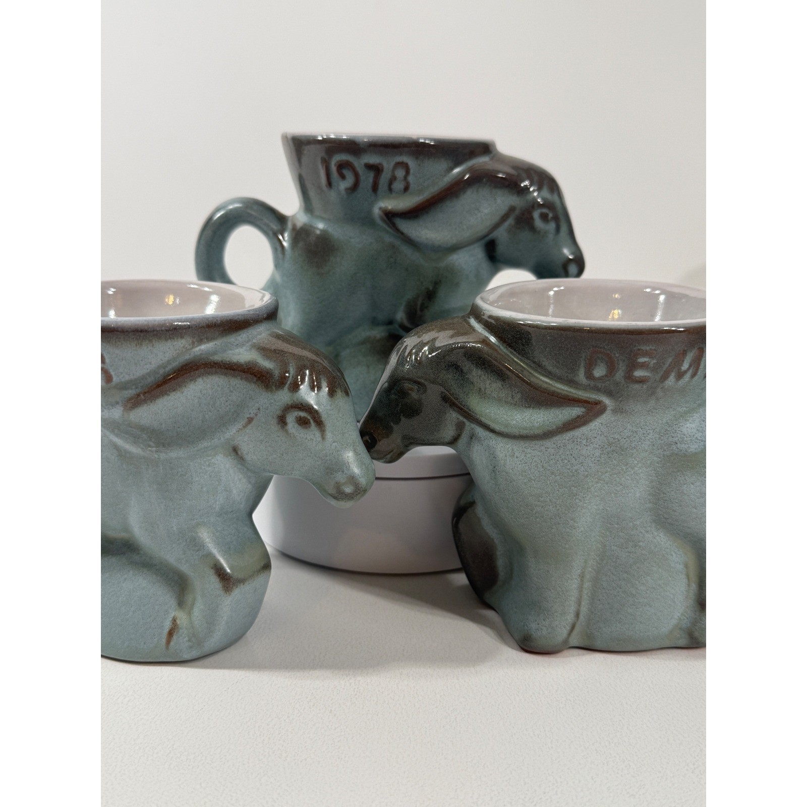 Frankoma Pottery 1978 Democratic Donkey Mugs Set of 3 Blue Glaze DG05-739