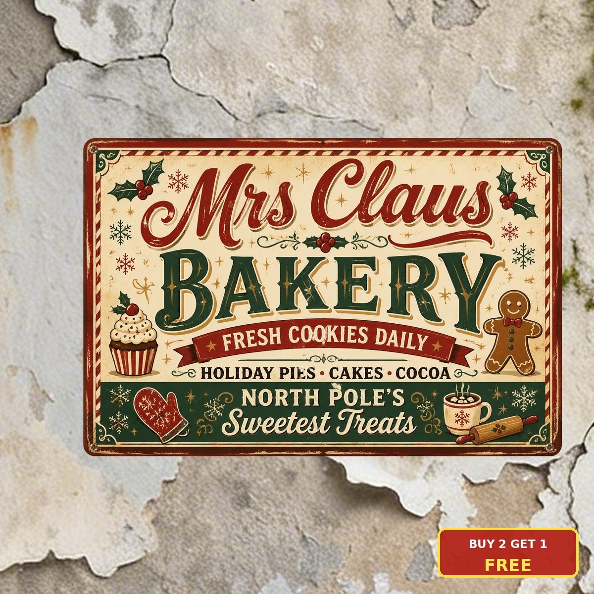 Mrs Claus Bakery Fresh Baked Holiday Cookies Christmas Metal Sign 8x12