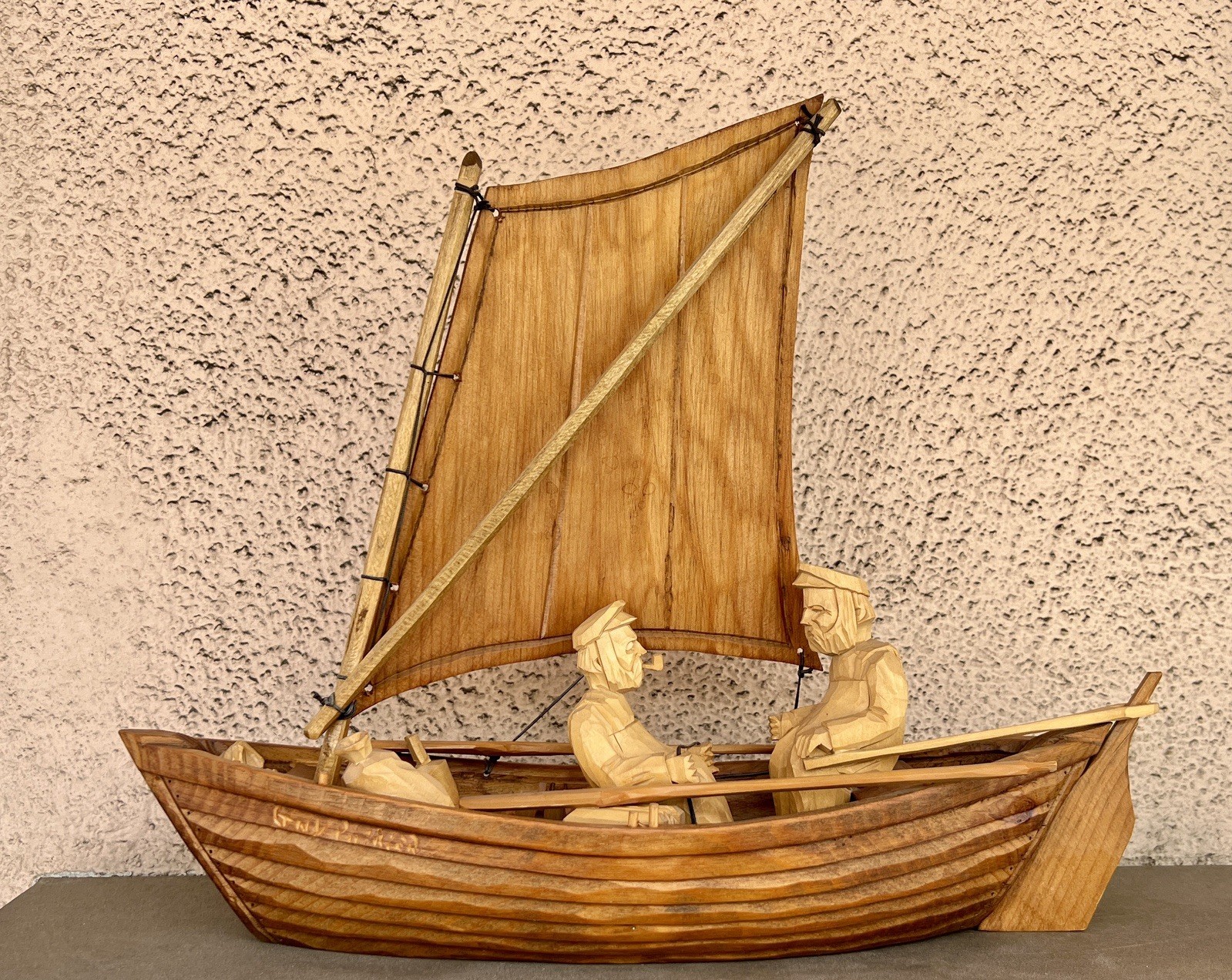 Vinatge Signed Guy Poirier Hand Carved Boat Fishermans Sculpture 