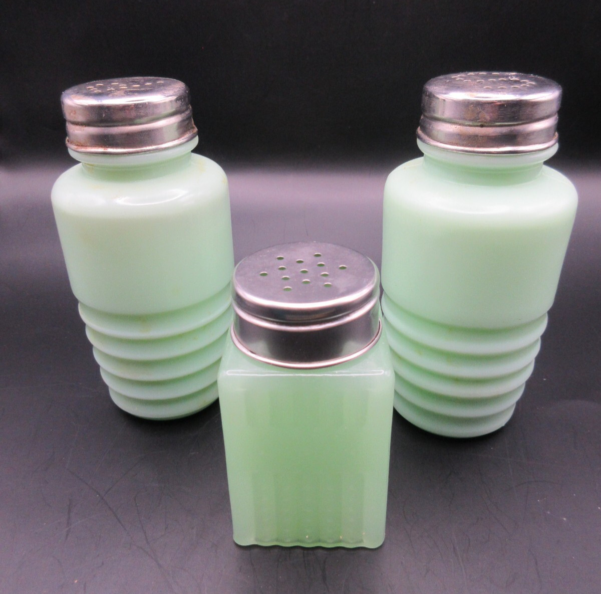 Set of 3 Vtg Cracker Barrel Jadeite Salt & Pepper Shakers + Green Tablecraft