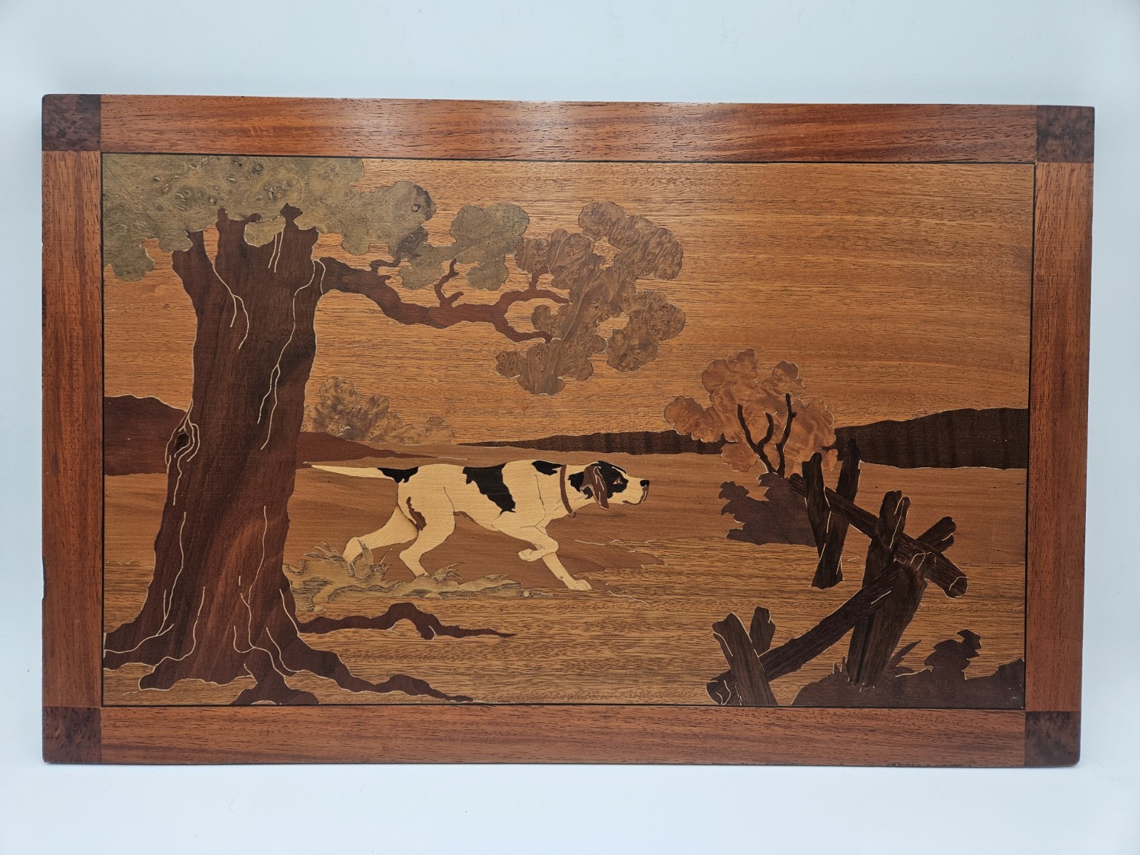 Vintage Wood Marquetry Panel Inlaid Pointer Dog 23.5\