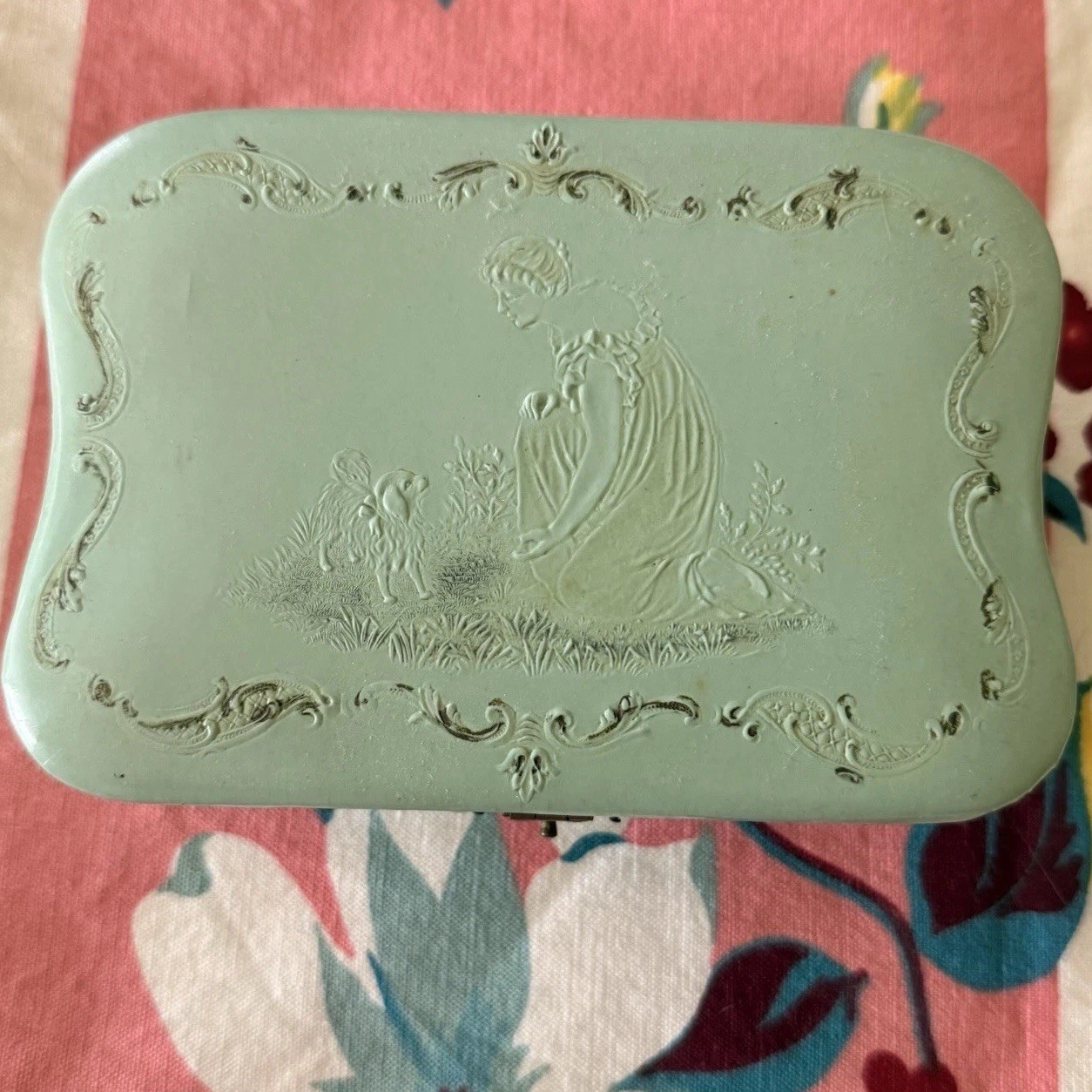 Antique Celluloid Dresser Box Victorian Lady Dog Vanity Jewelry Glove Box