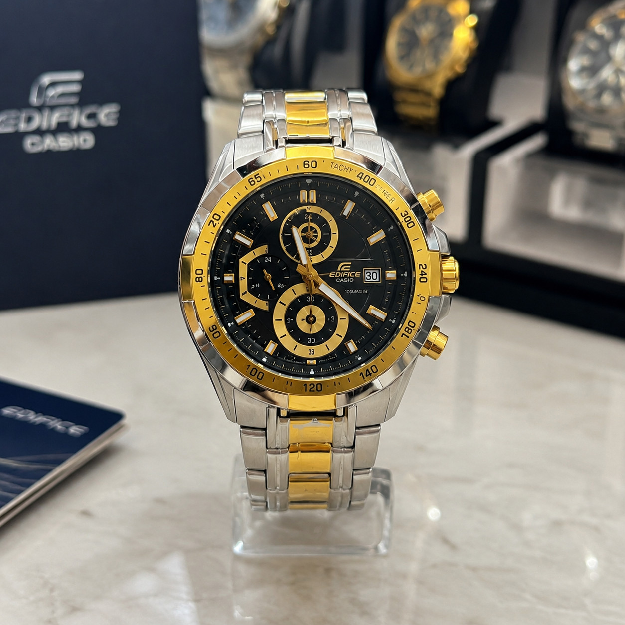 Edifice Luxury Chronograph Men’s Watch Two-Tone Stainless Steel Black Gold Dial Edifice Luxury Chronograph Men’s Watch Two-Tone Stainless Steel Black Gold Dial