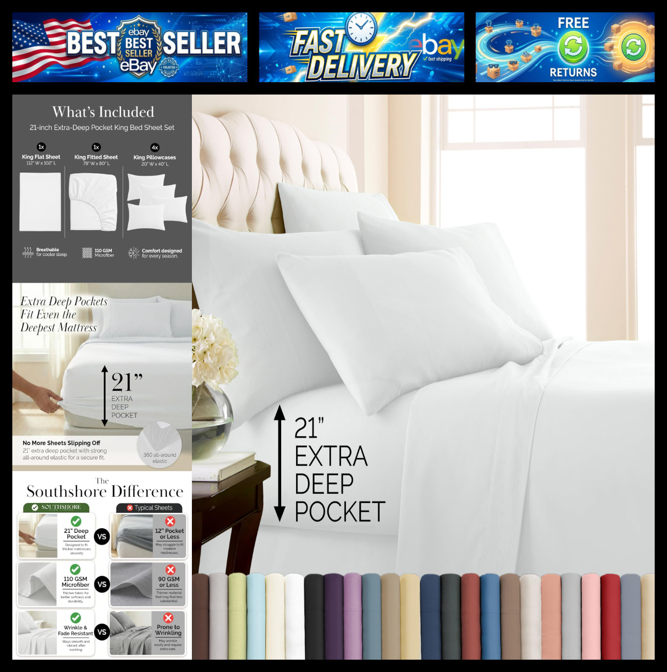 Southshore Fine Living 21 Inch Extra Deep Pocket King Sheet Set Soft White