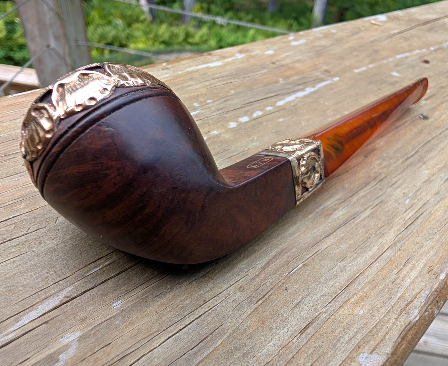 Antique G.F.B. French Briar Pipe 14K Gold Mounts Amber Stem Original Case