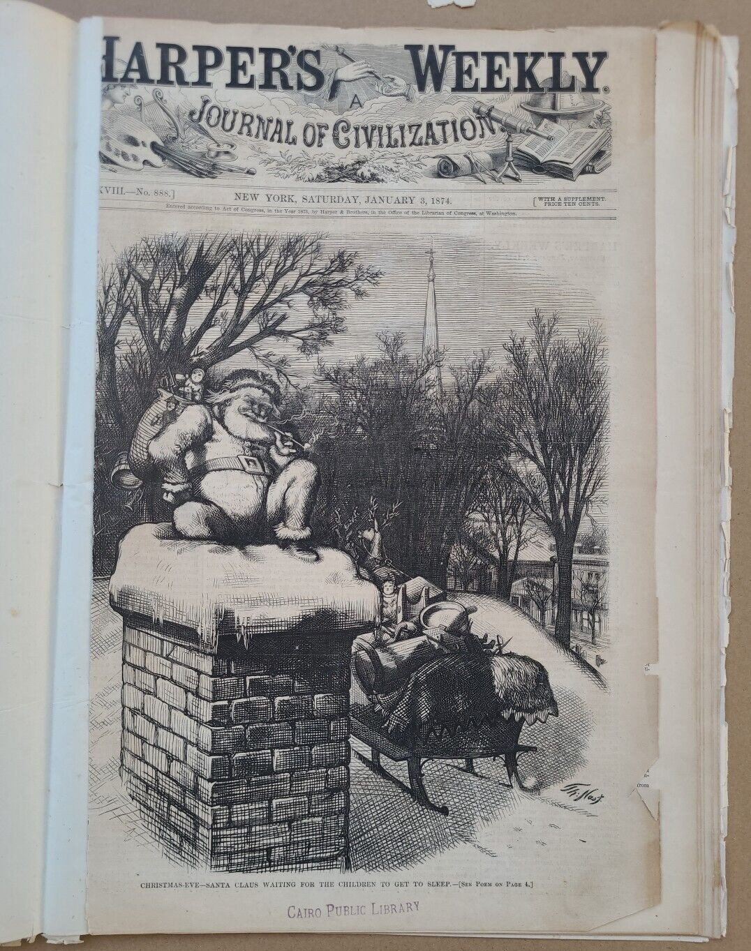 Harper's Weekly 1/3/1874  famous Thomas Nast  Santa Claus cover on chimney