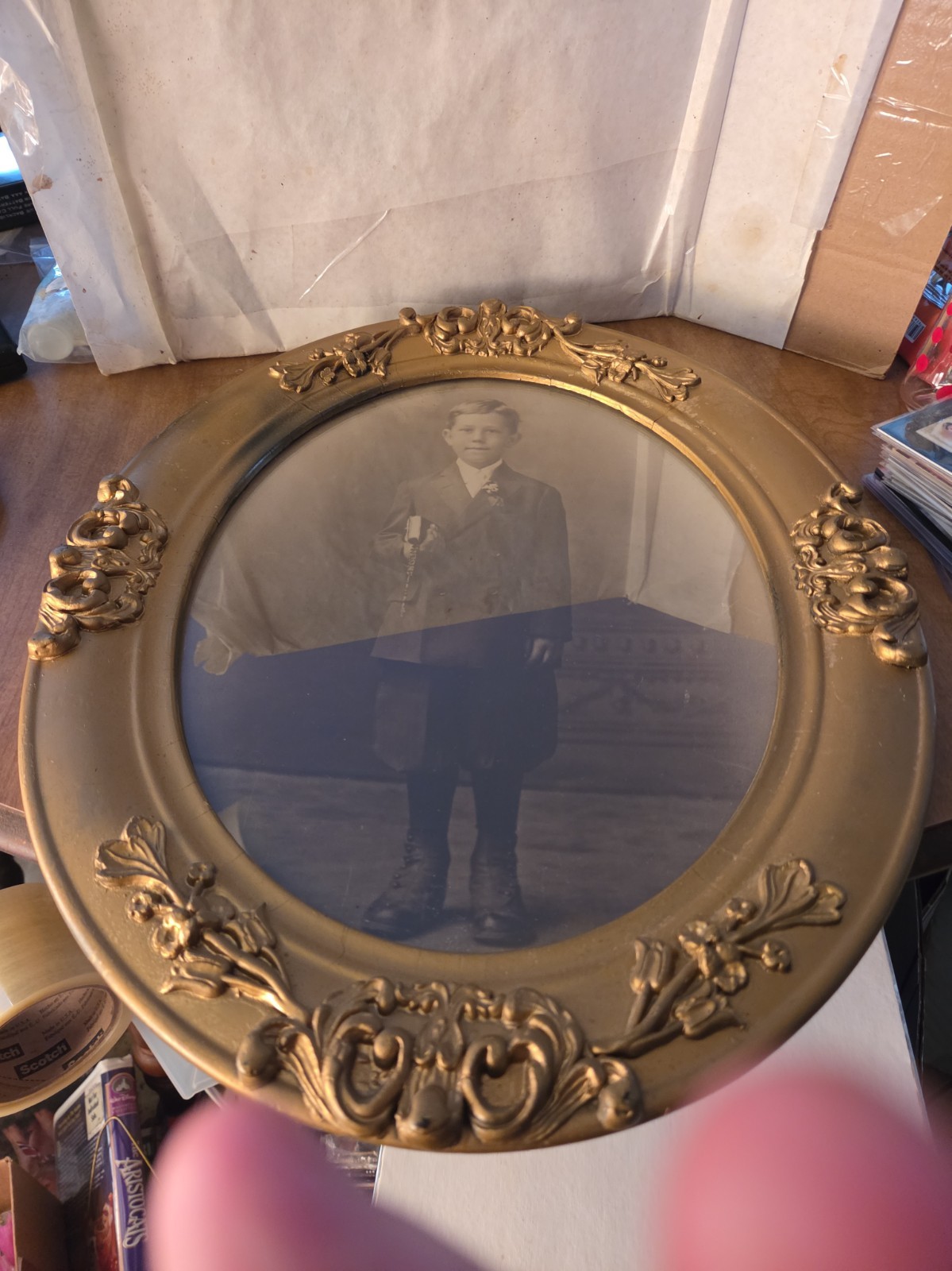 Vintage Round Ornate Gold Gilt Frame Young Man With Books 17 1/2 Vintage Round Ornate Gold Gilt Frame Young Man With Books 17 1/2