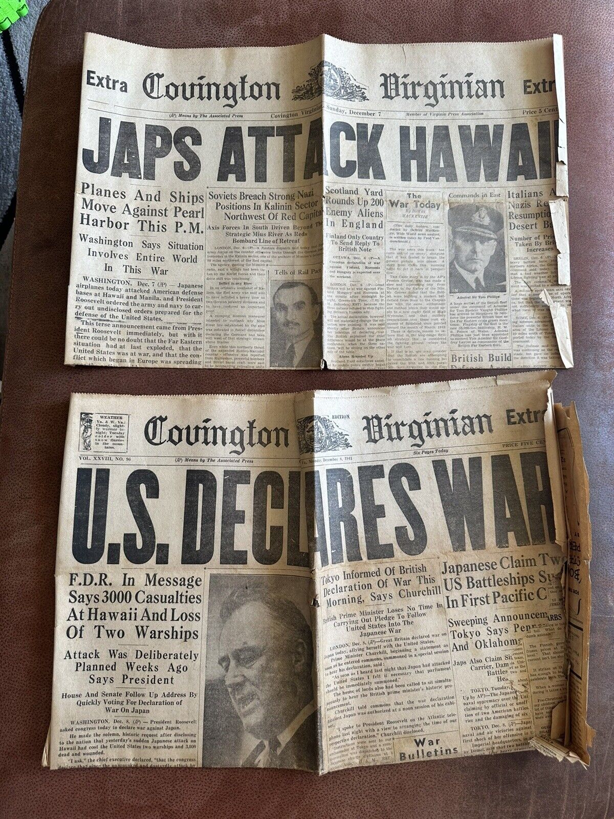 December 7&8 1941 Pearl Harbor Japs Attack Hawaii, U.S. Declares War Newspapers