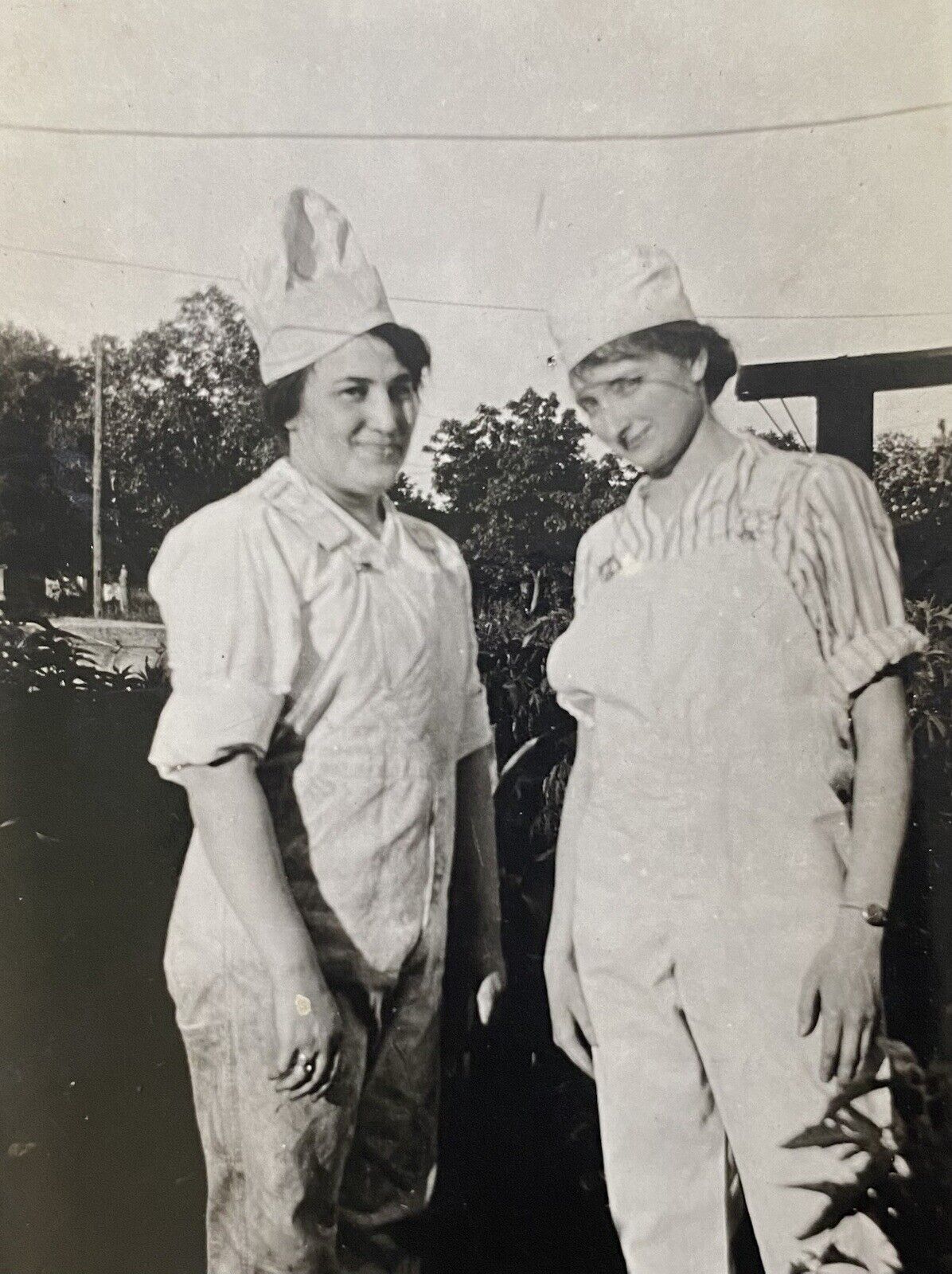 Pretty Young Women in Overalls & Chef Bakers Hats Original Vintage Photo