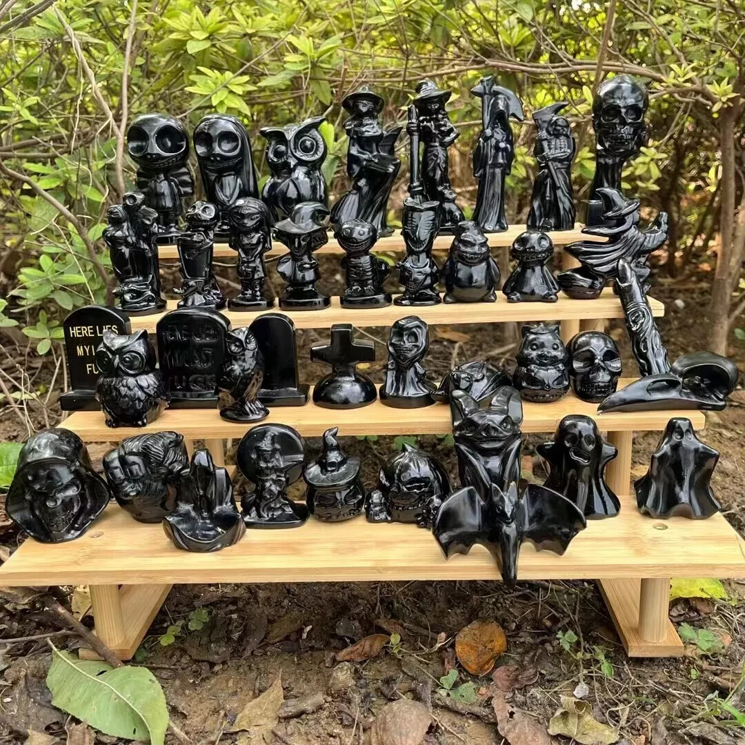 39pcs A suit of Natural obsidian quartz carved crystal Halloween skull healing