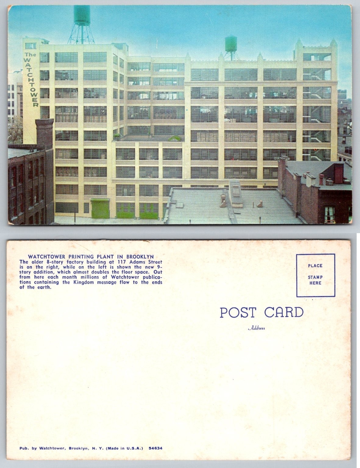 Watchtower Printing Plant Brooklyn NY Postcard 117 Adams St Jehovah\'s Witness