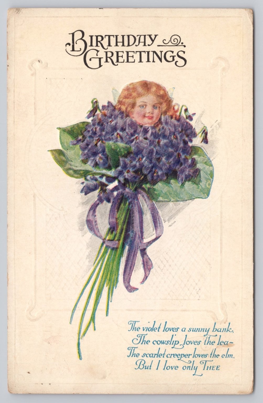 1924 Birthday Greetings Postcard Violets Child Face Embossed St. Clair MI to