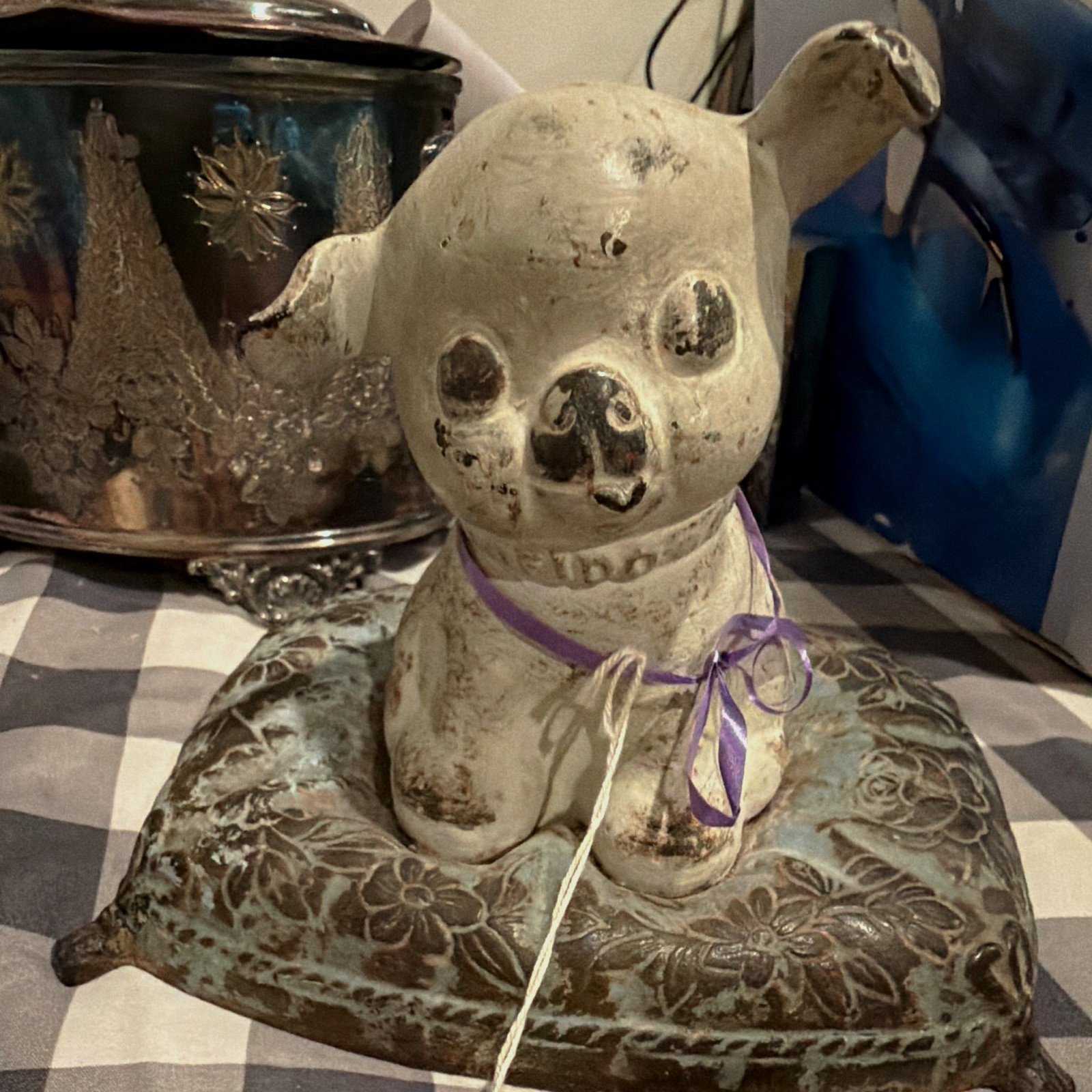 Antique Hubley Cast Iron FIDO on Pillow Coin Penny Bank,  1914 Original Paint