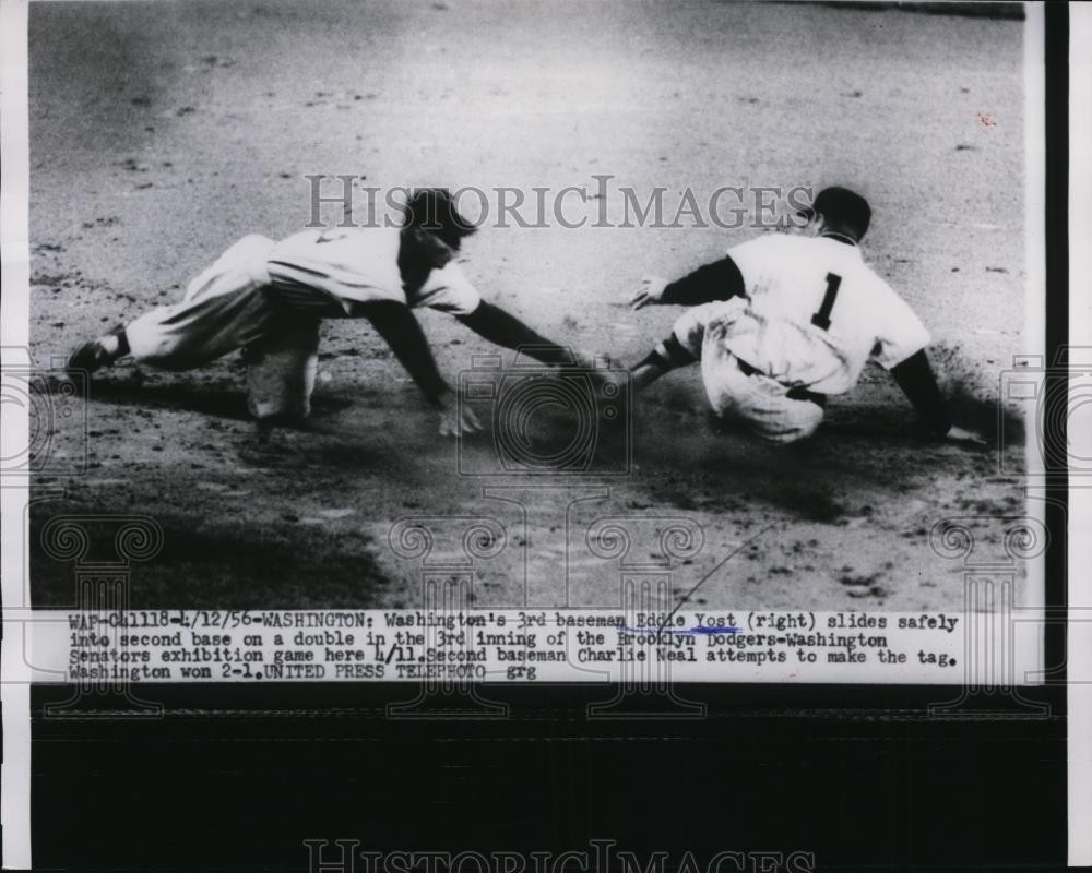 1956 Press Photo Senator Eddie Yost slides to 2nd vs Dodgers Charlie Neal