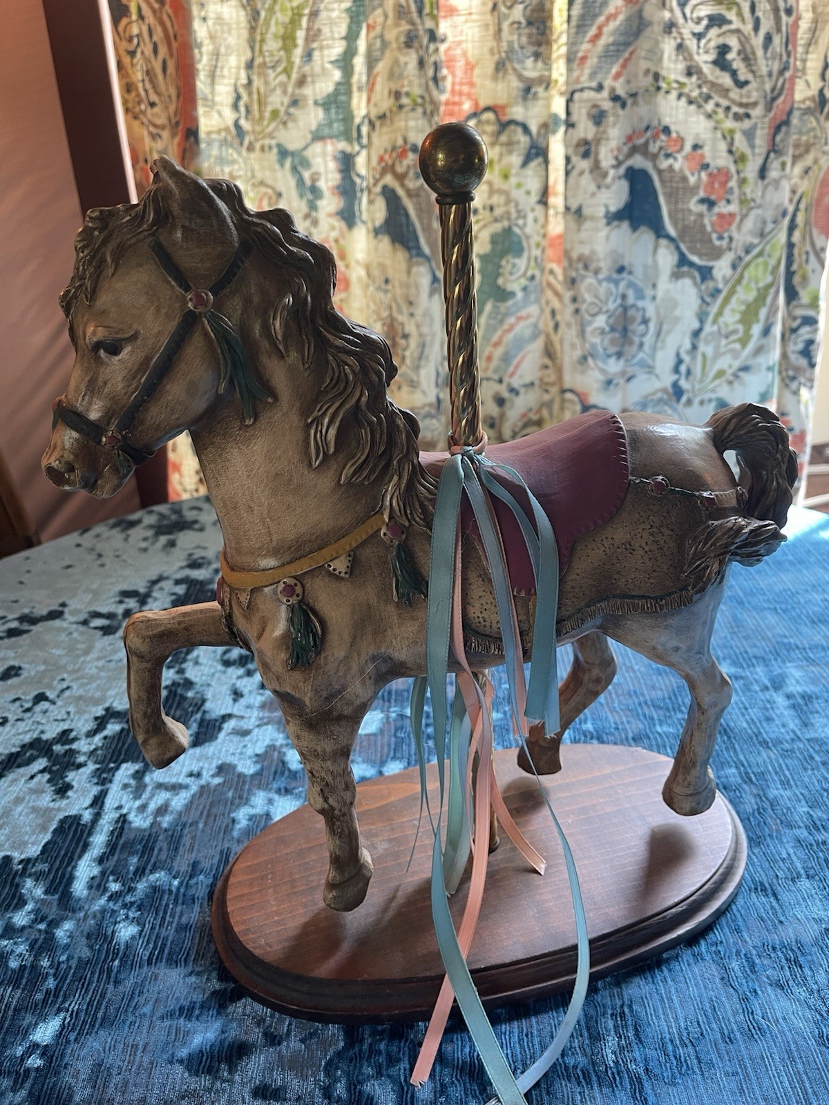 VTG Carousel Horse 14” Height Brass Pole  On Wood Base - Amazing Detail