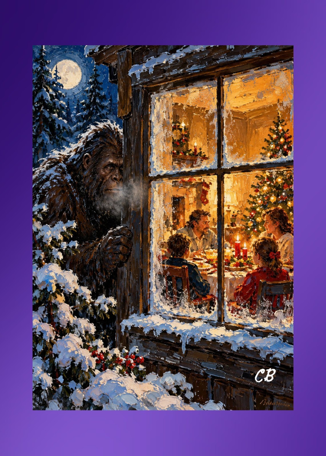 Bigfoot’s Christmas Window | ACEO Art Card | Cryptid Christmas | Impasto Print