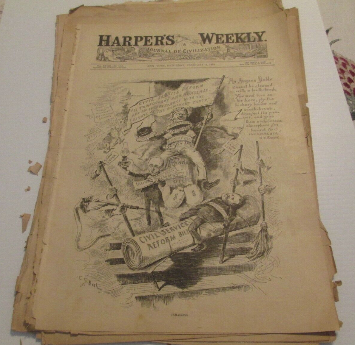 2/2 /1884  HARPER\'S WEEKLY FRONT PAGE,, UNMASKING,THE CIVIL SERVICE  REFORM BILL