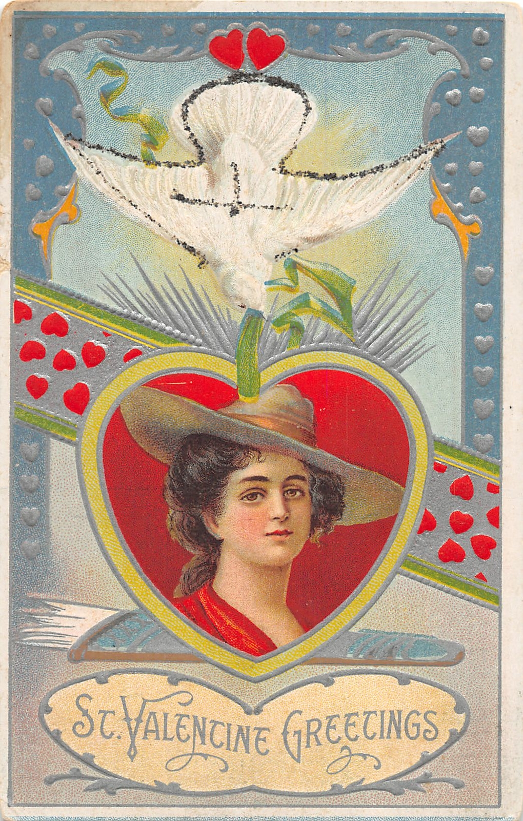 H53/ Valentine\'s Day Love Holiday Postcard c1910 Dove Glitter Woman Hearts 47