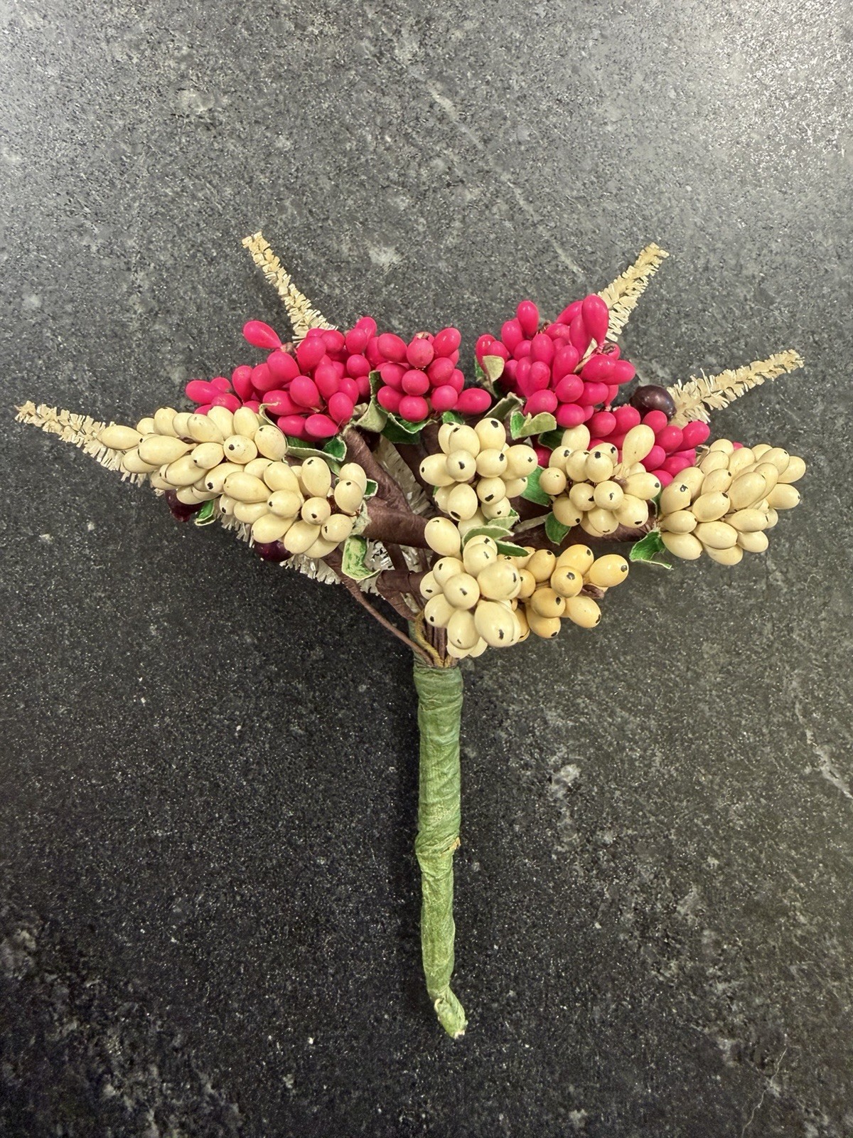Vintage Berry Cluster Brooch Pin Millinery Floral Spray Red Cream Holiday