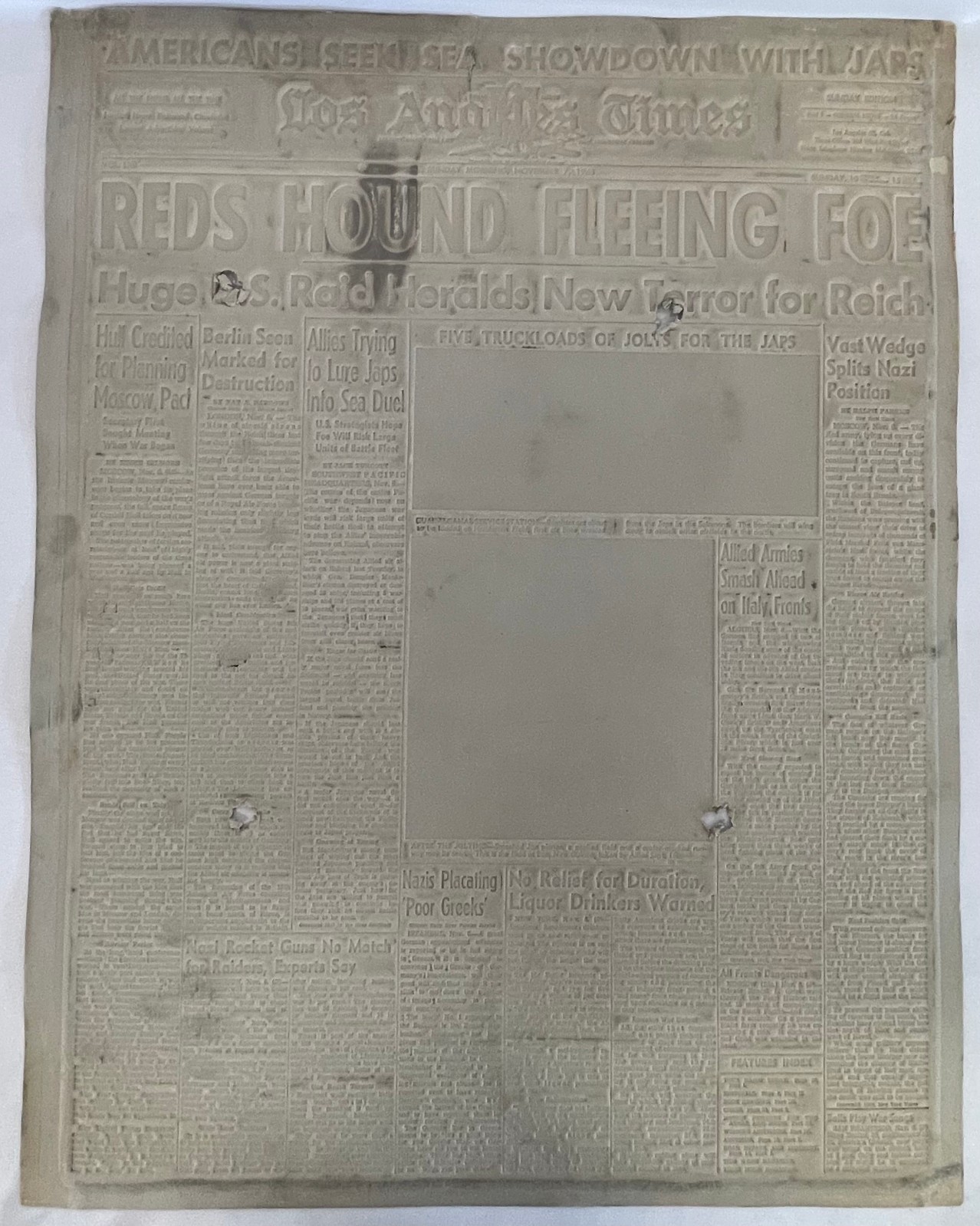 1943 LA Times Sunday Edition Front Page WWII Content RARE Flong Mold Print Plate