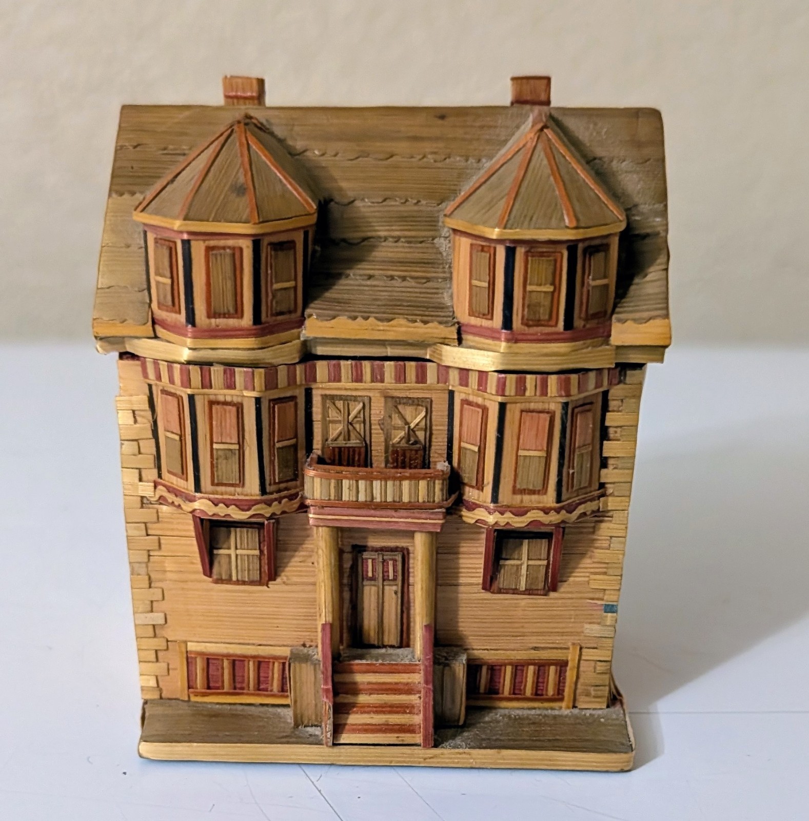 Vintage Straw Art Marquetry Victorian House Trinket Box Lidded Jewelry Case 4\