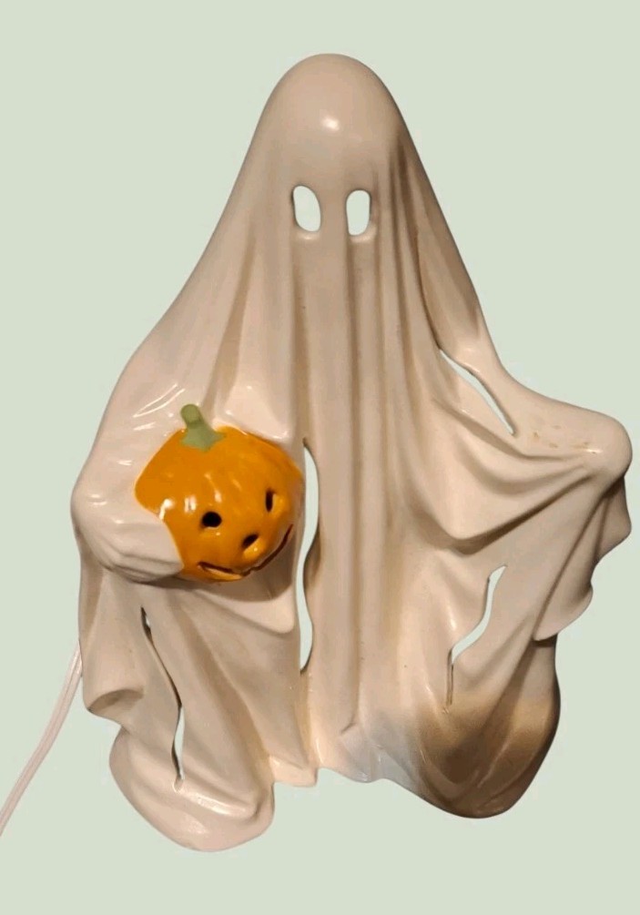 Vintage Halloween Ceramic White Ghost Spooky Jack-O-Lantern Use W Candle / Light