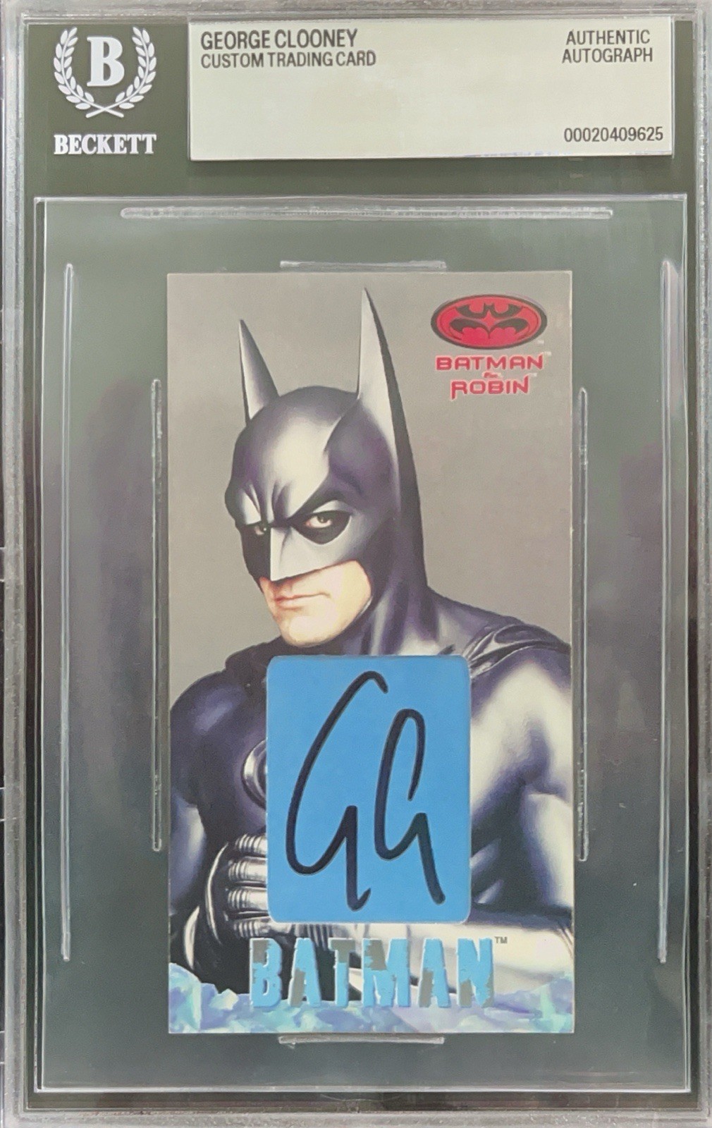 George Clooney Signed Custom Cut Auto 1997 SkyBox Batman Robin Card BAS BGS