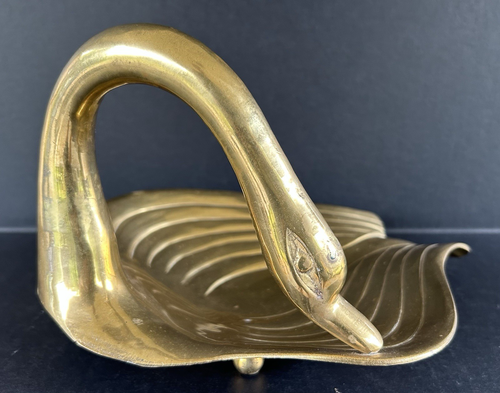 MCM Solid Brass Swan Figural Trinket Dish Vintage Mid Century Regency