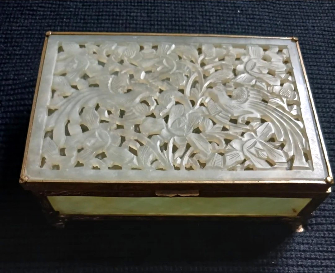 Antique Chinese Carved Jade Brass Trinket Box - Full Stone Lined, Ornate Feet
