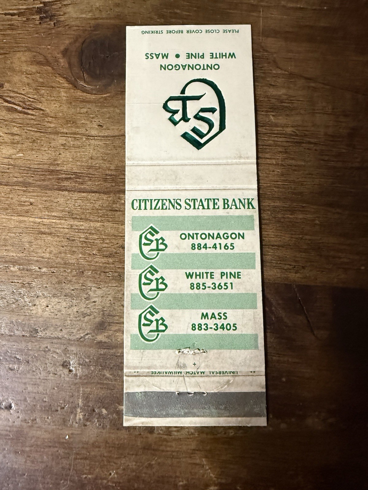 D1531 Citizens State Bank Ontonagon Massachusetts Vintage Matchbook Cover D1531 Citizens State Bank Ontonagon Massachusetts Vintage Matchbook Cover
