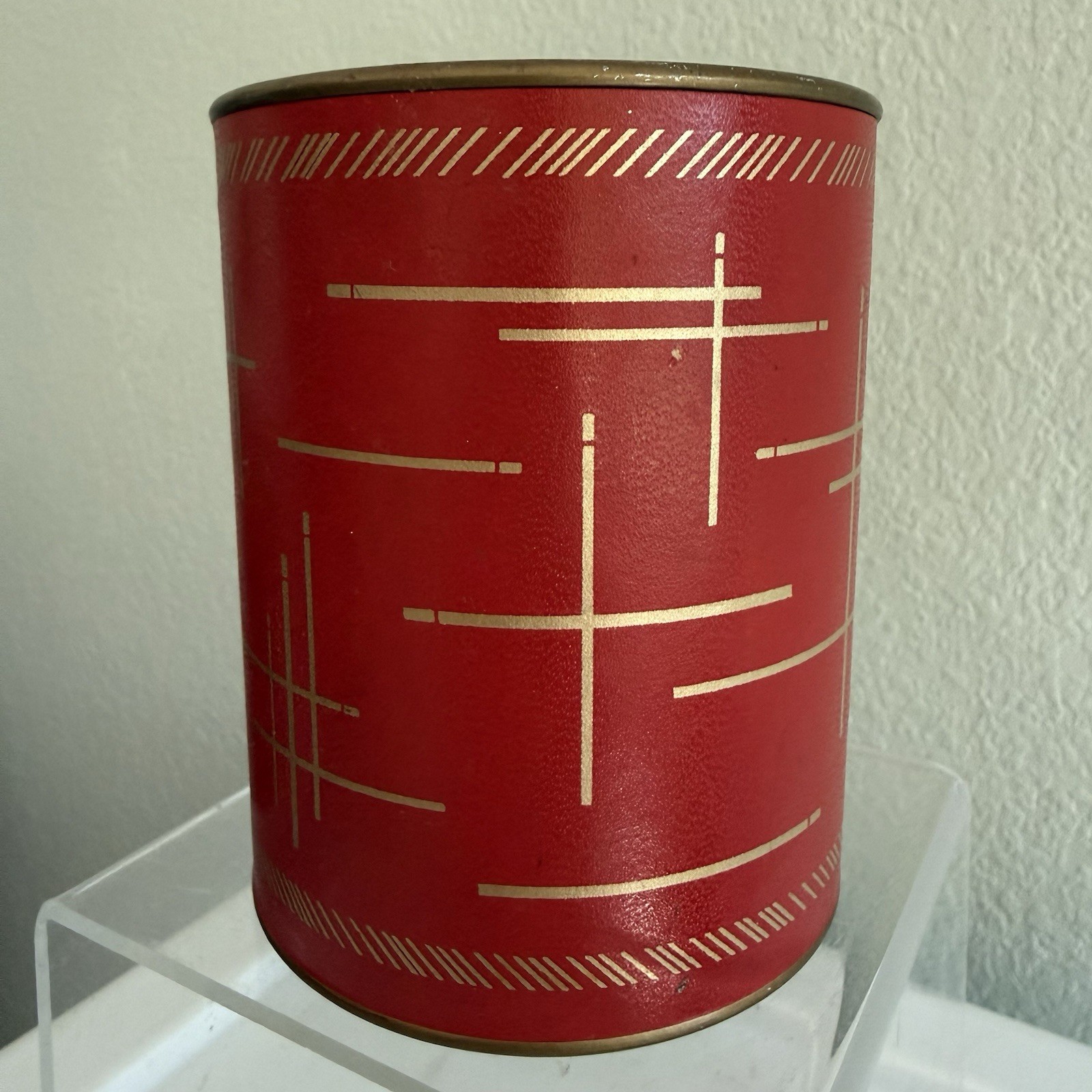 VTG MCM RED Desk Caddy Organizer Pen Pencil Holder Cup Vinyl Gold Design Sputnik