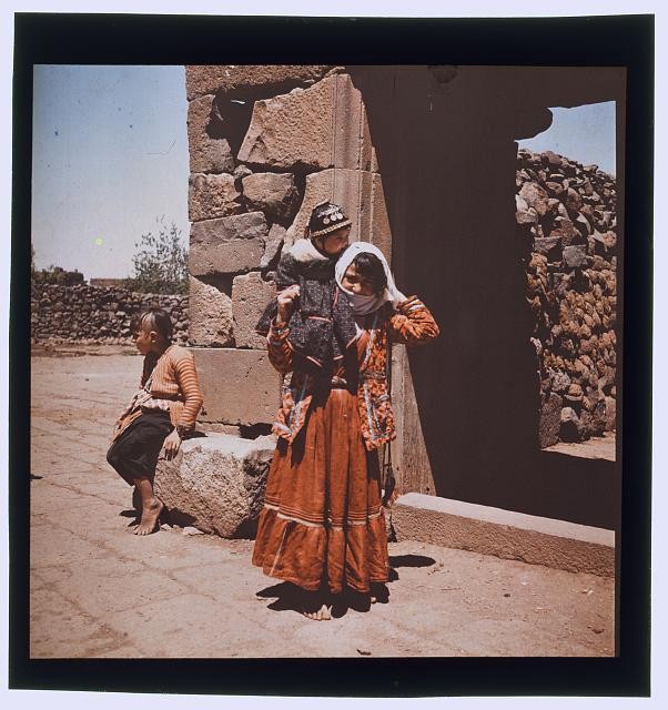 Photo:Syria 1930s Girl Holding Baby by Ruins Portrait