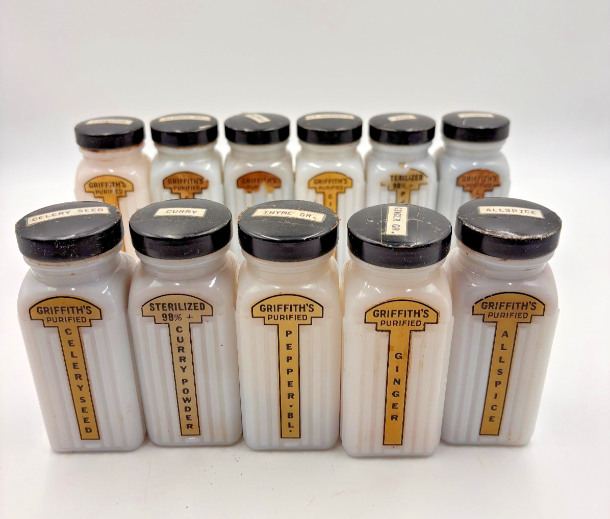 Griffith's Purified Milk Glass Spice Jars Lot Of 11 Vintage Chicago Kitchen