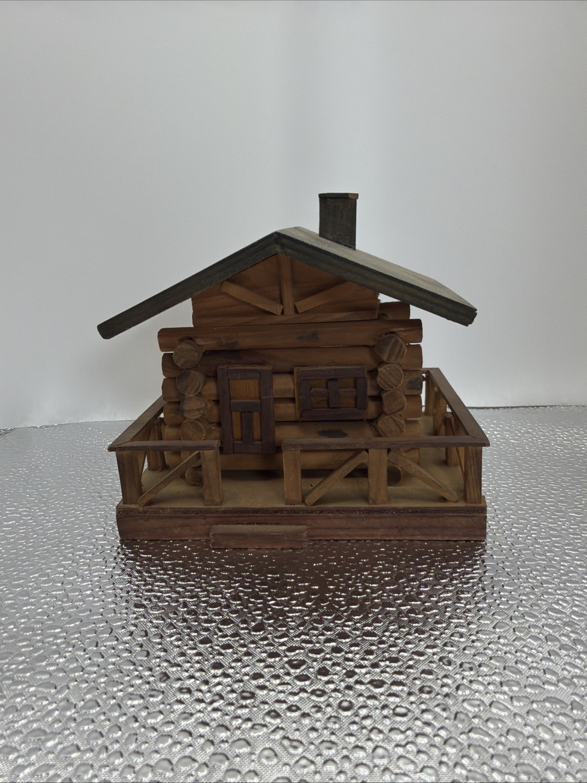 Vintage Log Cabin Trinket Box Wooden Green Roof Hinged Roof To Put Trinkets In