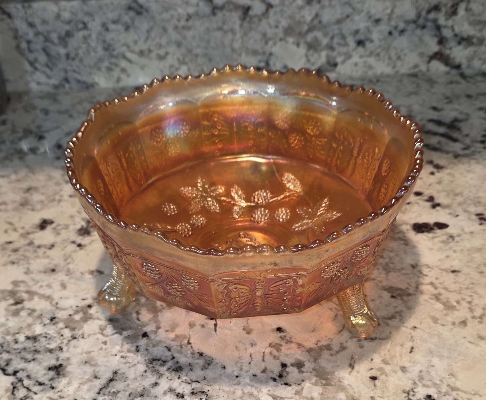Vintage Imperial Fenton Merigold Carnival Glass Butterfly And Berries Bowl Vintage Imperial Fenton Merigold Carnival Glass Butterfly And Berries Bowl