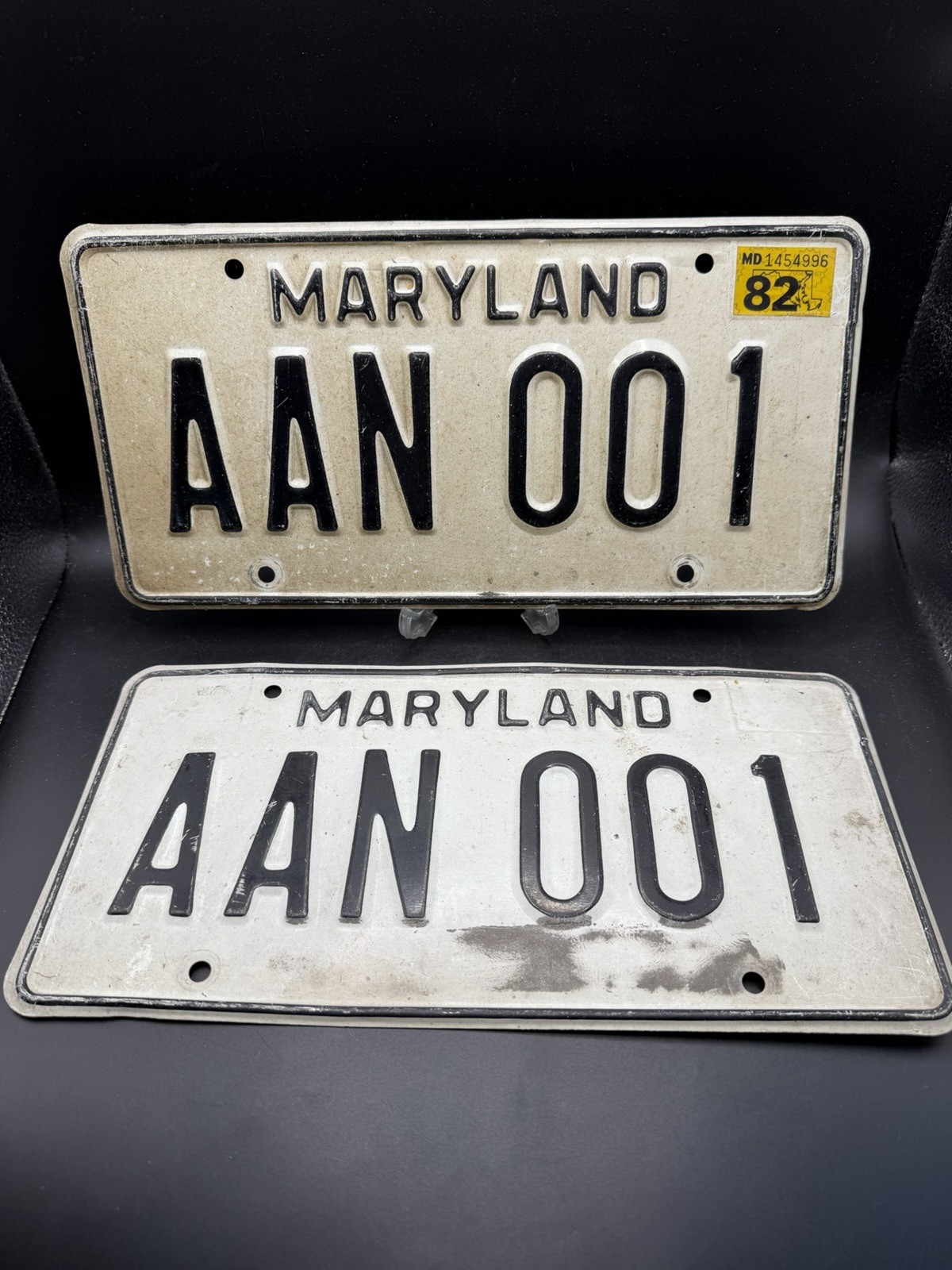Pair Vintage Maryland License Plates 1982 Sticker AAN 001 Set