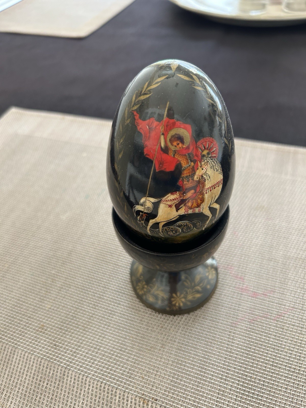 Beautiful Vintage Russian Hand Painted Lacquer Wooden Egg On Stand