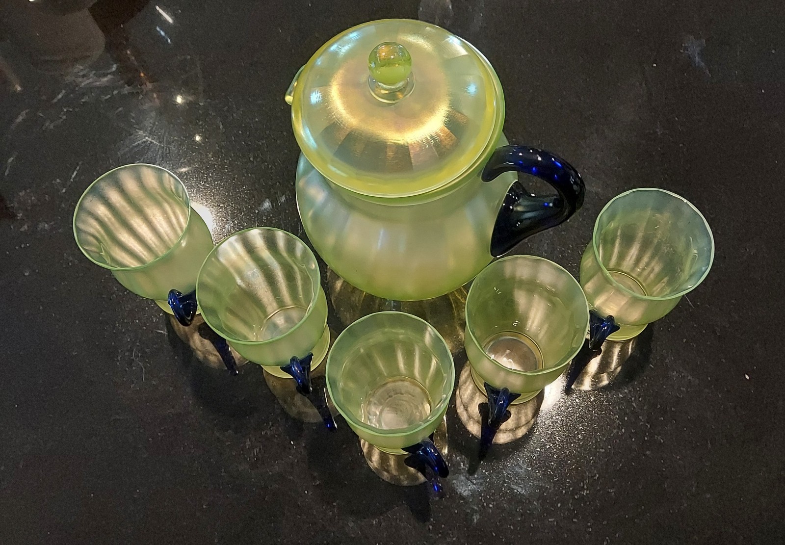 Antique Fenton Lemonade Set Sinfully Desirable  Vaseline And Cobalt 