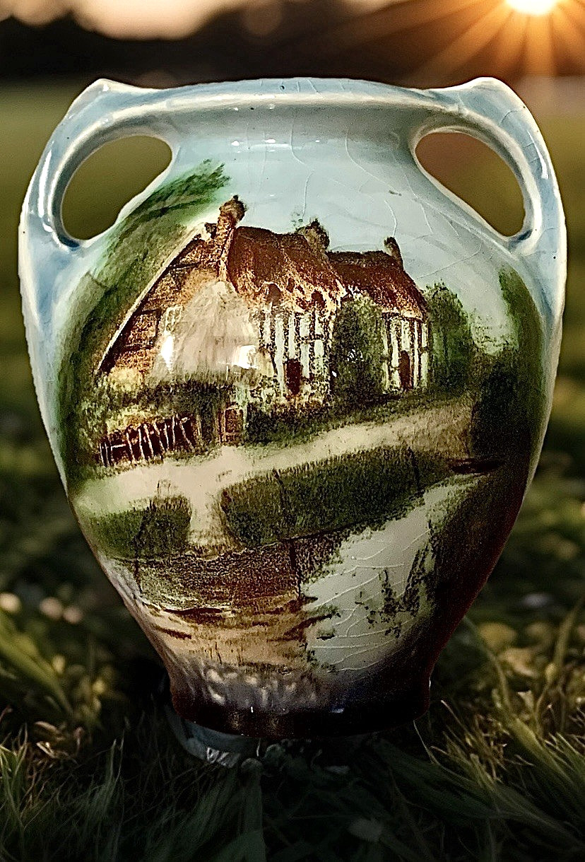Antique English Cottage Ceramic Vase 2-Handled Hand Painted Landscape Urn Art 4\