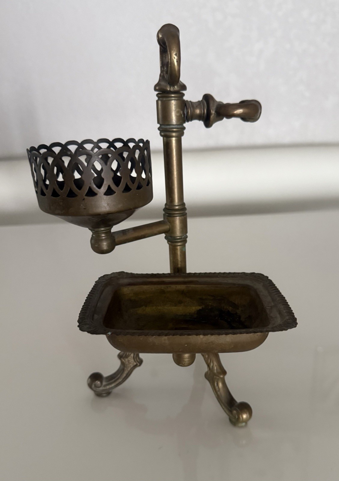 Vintage Victorian Brass Shaving Stand With Brush Or Cup Holder And Soap Holder