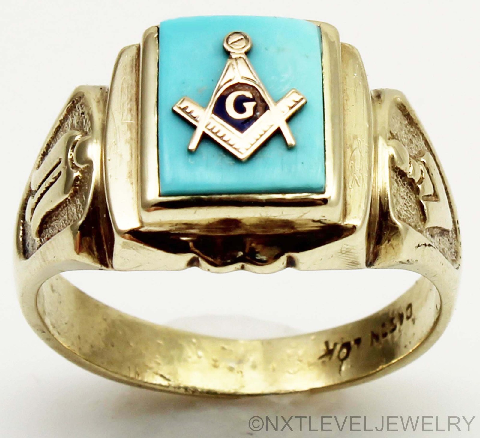 RARE Vintage SIGNED 1940\'s Masonic Natural Turquoise 10k Solid Gold Men\'s Ring