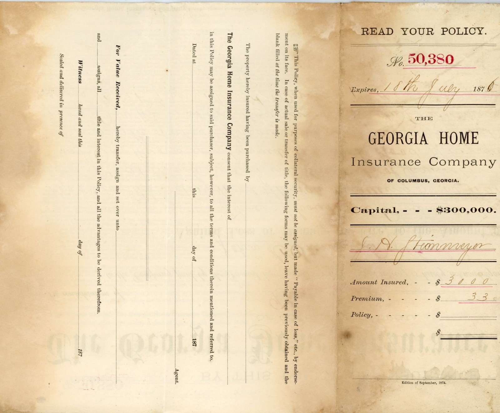 1876 Georgia Home Insurance Co Policy Charleston SC Property Fire Ephemera Antiq