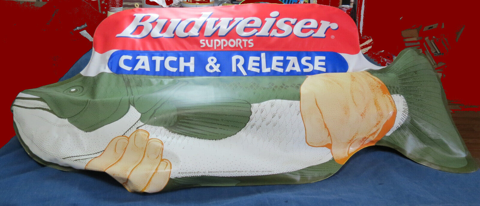 Vintage Budweiser Inflatable Bass Catch & Release  Sign / Man Cave Over 2 ft