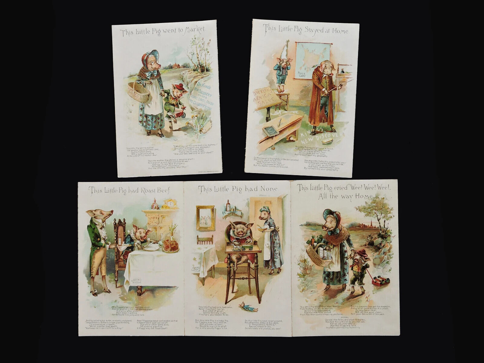 Set of 5 Three Little Pigs 1894 Dr. King\'s New Discovery Trade Cards Quackery