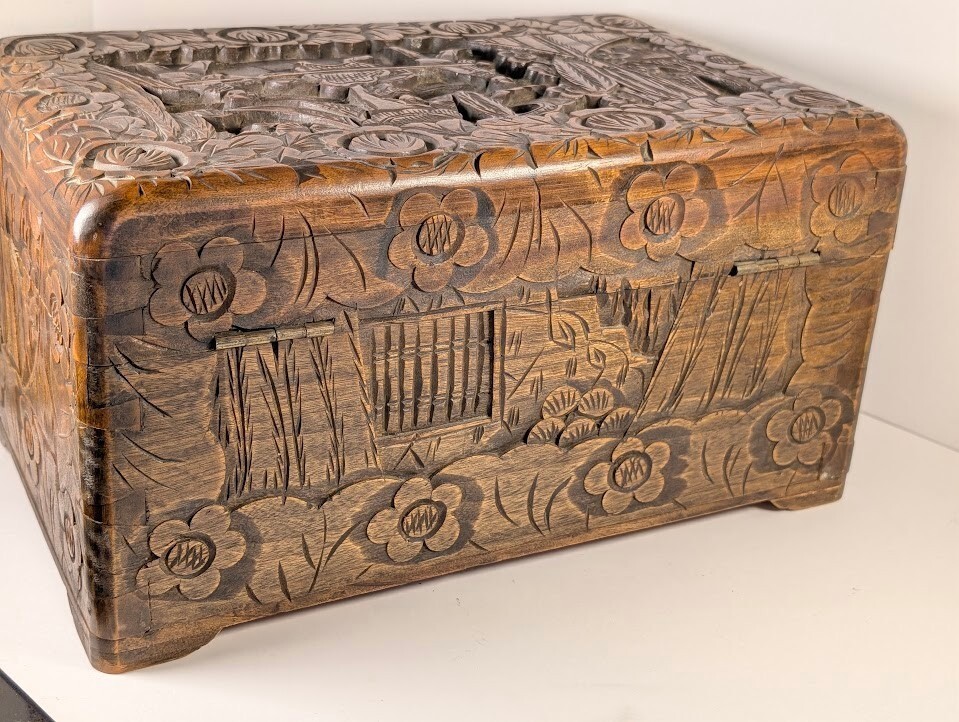 Vintage Chinese Hand-Carved Camphor Wood Chest Village Scene Box 15\