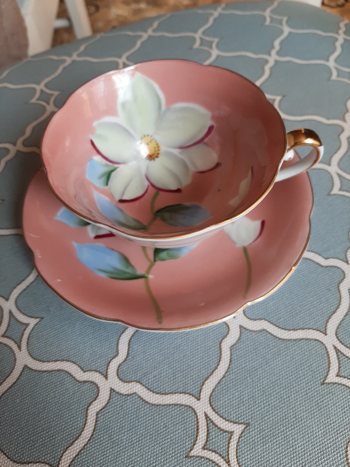 Vtg Merit China Pink Handpainted Tea Cup & Saucer LRG White & blue Flowers Japan