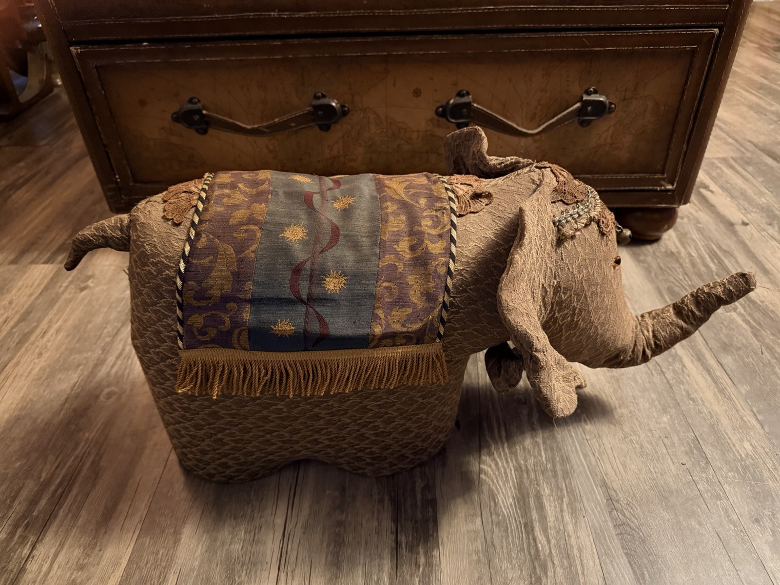 VTG Elephant Ottoman- Door Stop Unique Bohemian Style Jacquard Fabric & Beads
